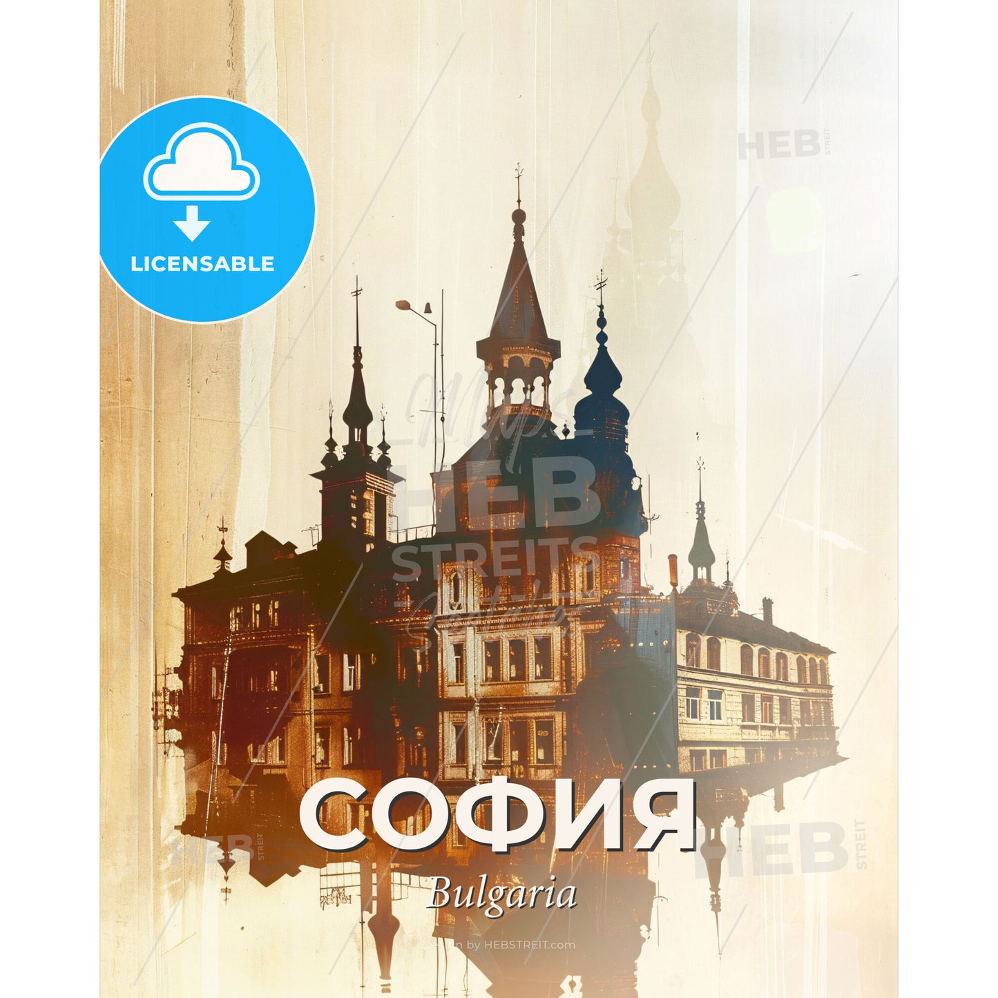 Sofia Skyline Composite Art Bright Beige Paper Poster - A building with towers and towers - Square format print template