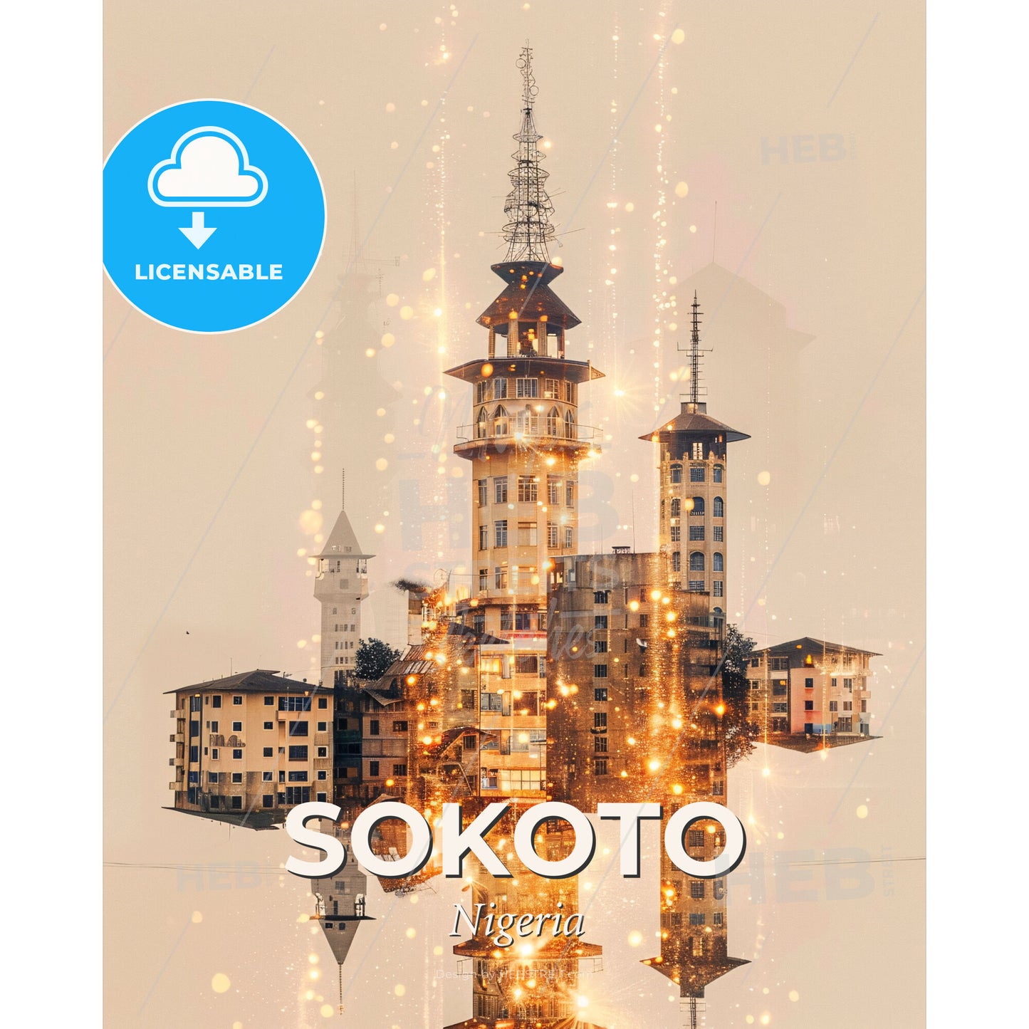Sokoto Skyline Double Exposure Poster Art - A city with towers and towers - Square format print template