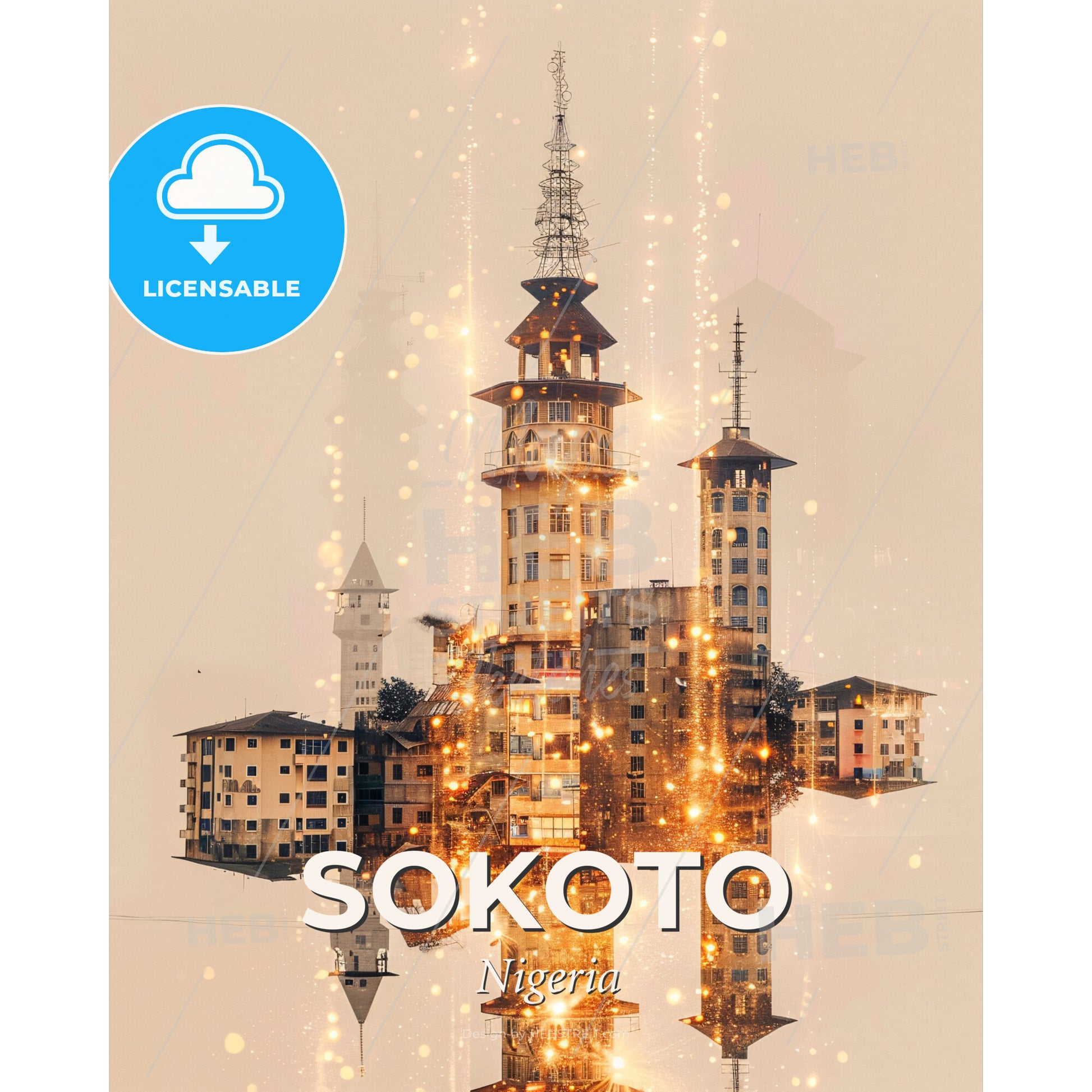 Sokoto Skyline Double Exposure Poster Art - A city with towers and towers - Square format print template