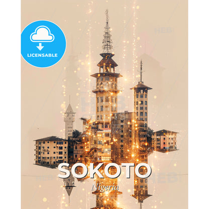 Sokoto Skyline Double Exposure Poster Art - A city with towers and towers - Square format print template