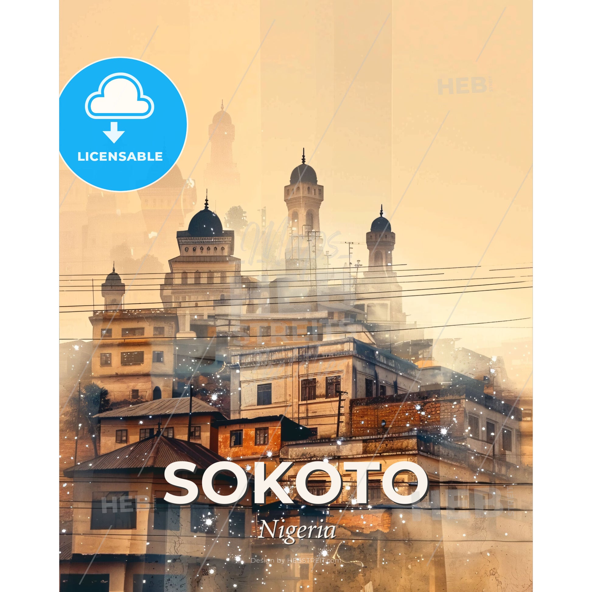 Sokoto Skyline Artwork: Local Beauty, Sparkling Night - A city with towers and towers - Square format print template