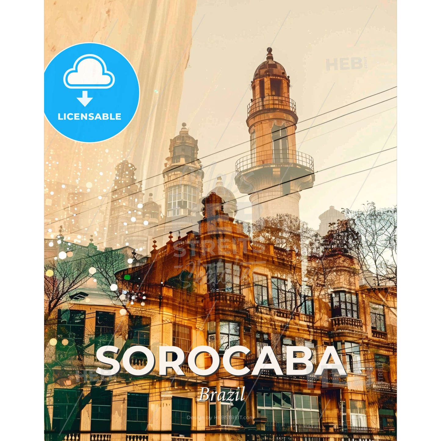 Sorocaba: City Skyline Composite Art Poster - A building with a tower - Square format print template