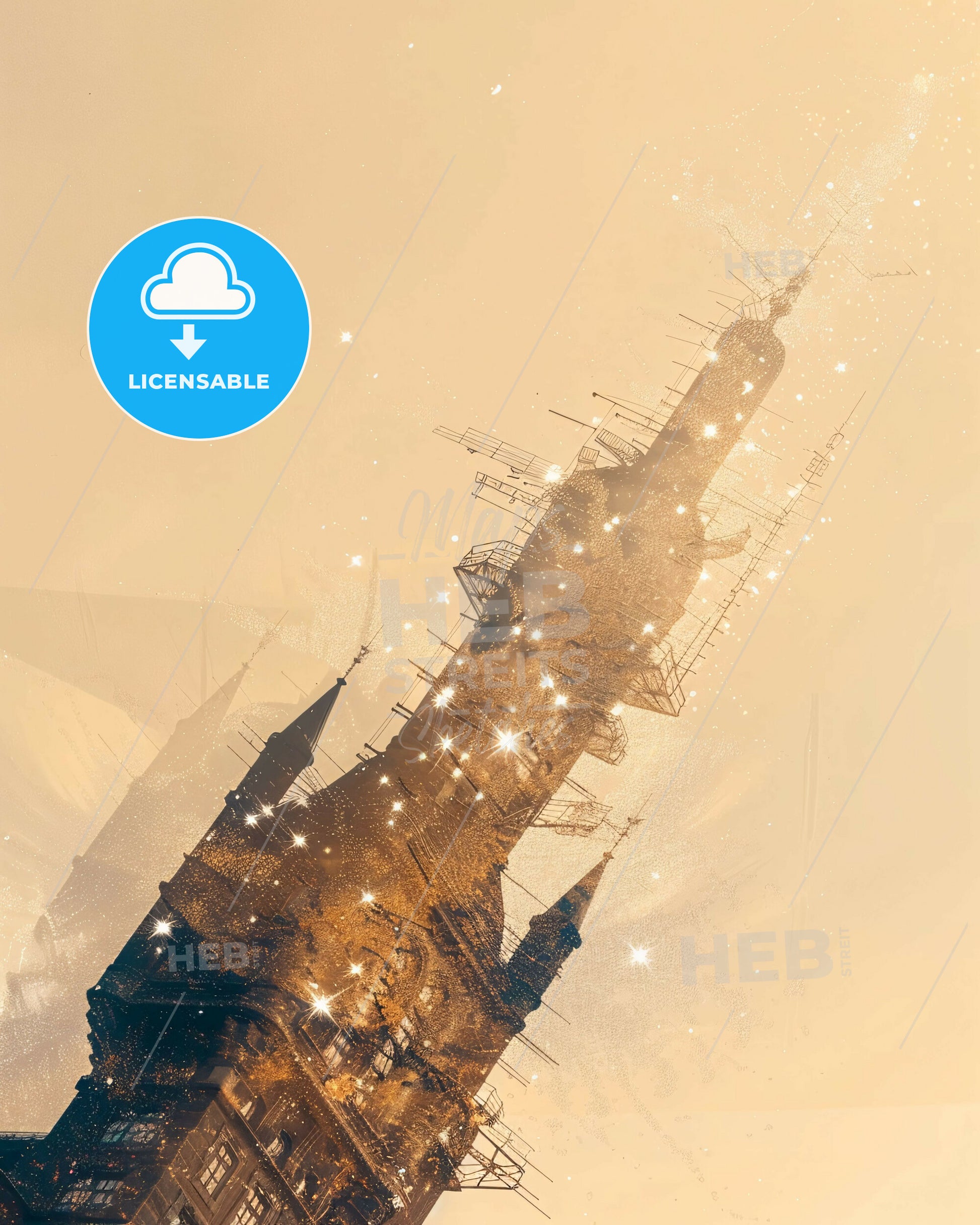 Sotra Skyline Double Exposure Art Poster - A building with towers and stars