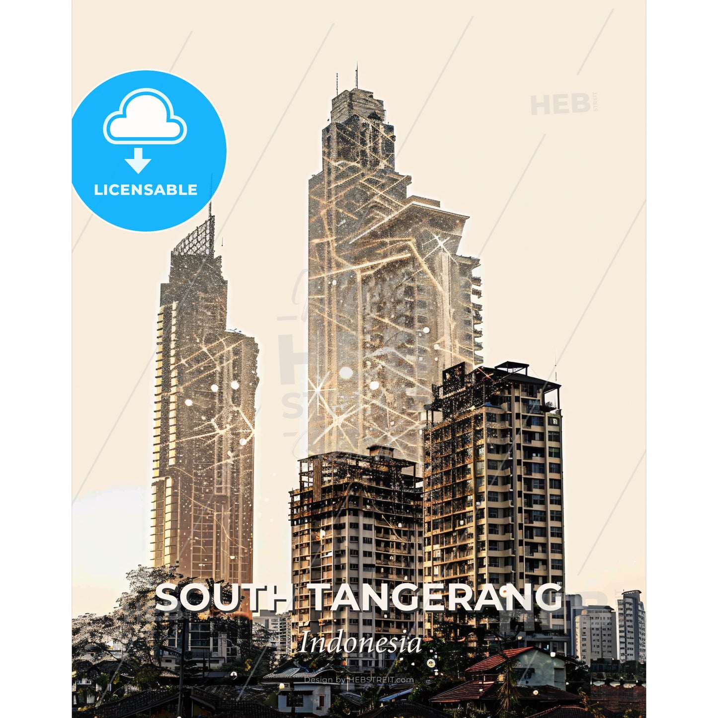South Tangerang Skyline Double Exposure Art Poster - A group of tall buildings with lights - Square format print template