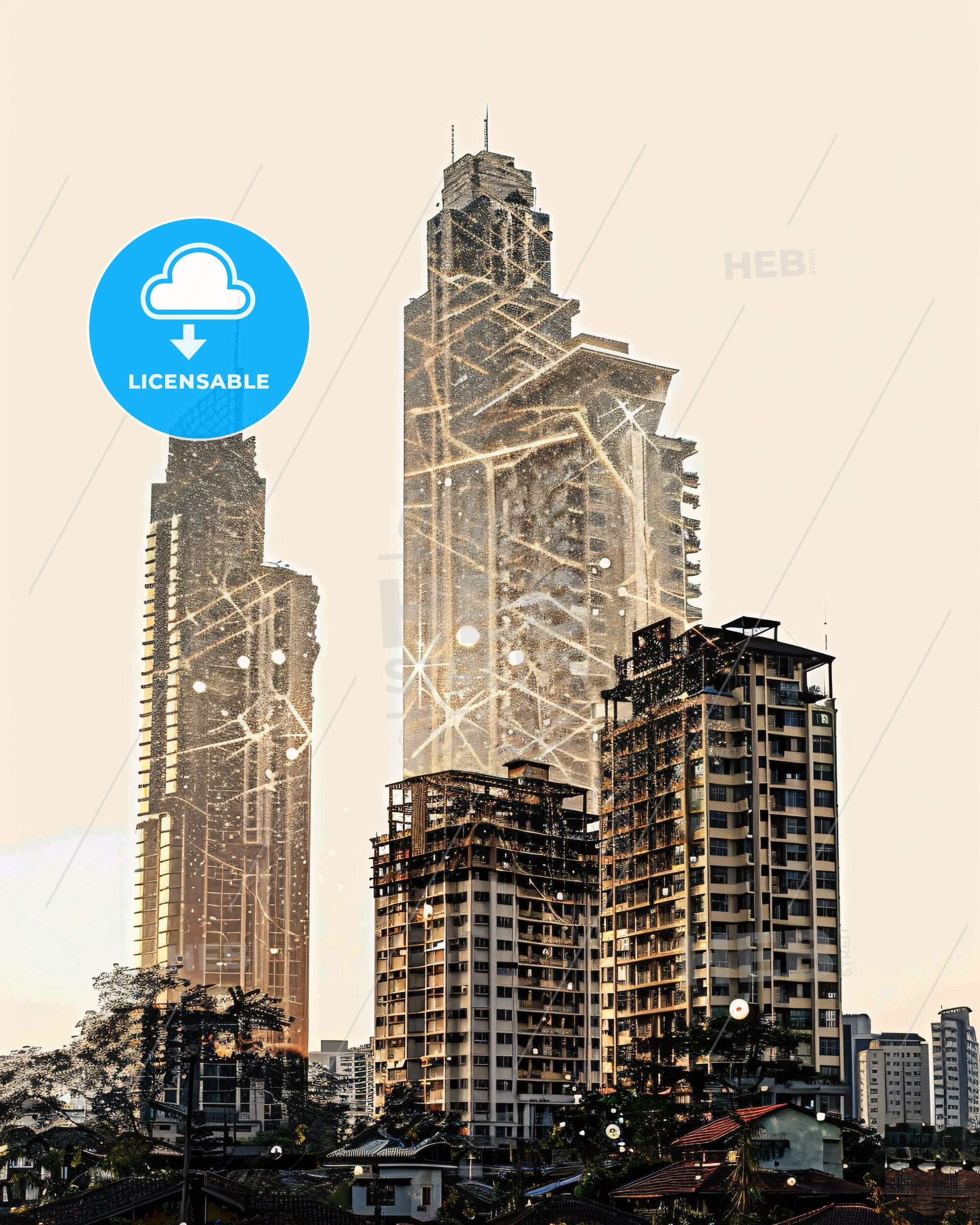 South Tangerang Skyline Double Exposure Art Poster - A group of tall buildings with lights