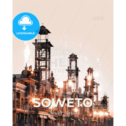 Soweto Skyline Double Exposure Art Poster - A building with a tower and lights - Square format print template