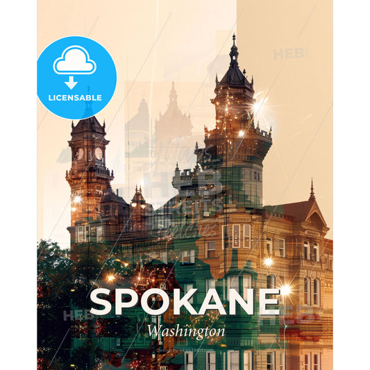 Spokane Skyline City Icons Sparkles Art Beige Poster - A building with a clock tower - Square format print template