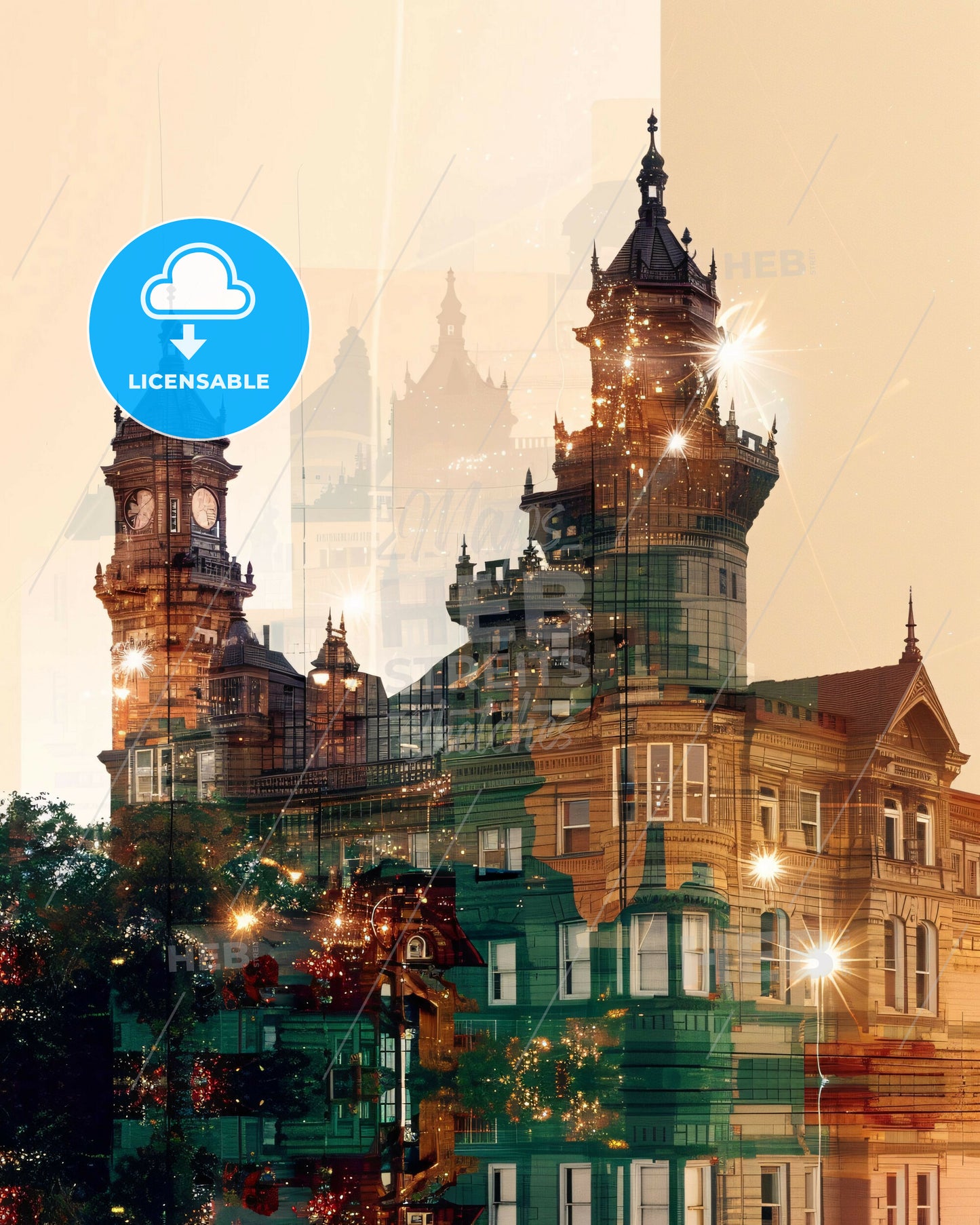 Spokane Skyline City Icons Sparkles Art Beige Poster - A building with a clock tower