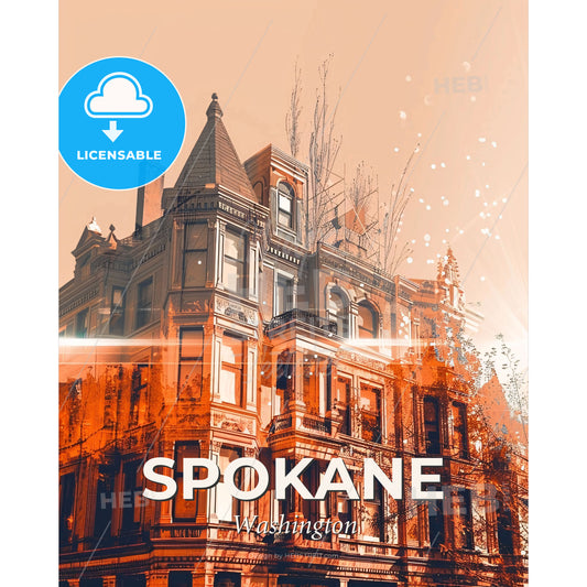 Spokane Skyline Double Exposure Art Poster - A building with trees and sun rays - Square format print template