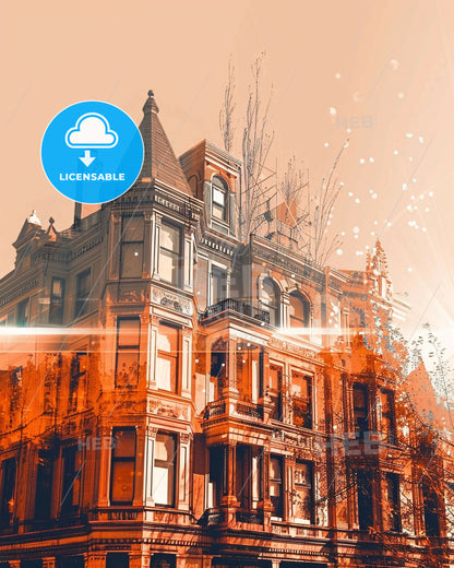 Spokane Skyline Double Exposure Art Poster - A building with trees and sun rays