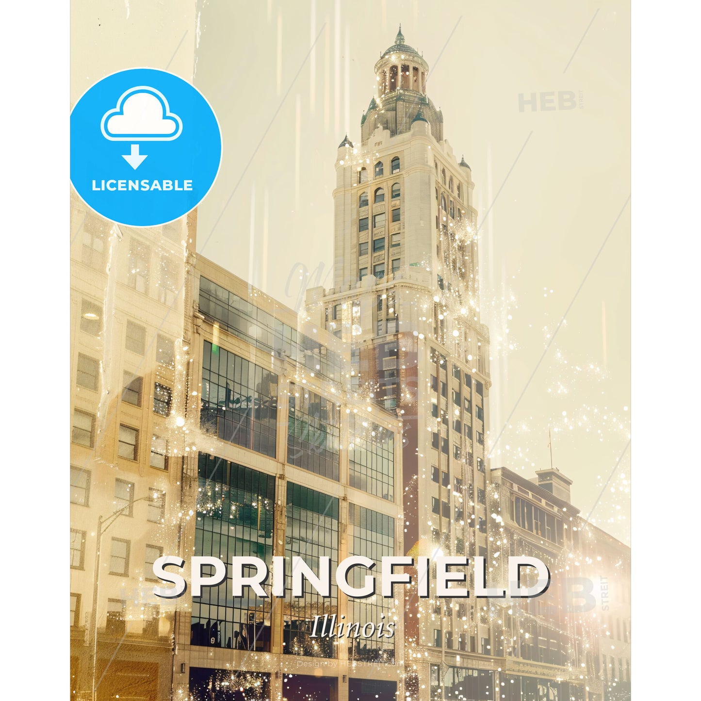 Springfield City Night Skyline Art Deco Poster - A tall building with a tower - Square format print template
