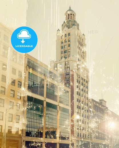 Springfield City Night Skyline Art Deco Poster - A tall building with a tower