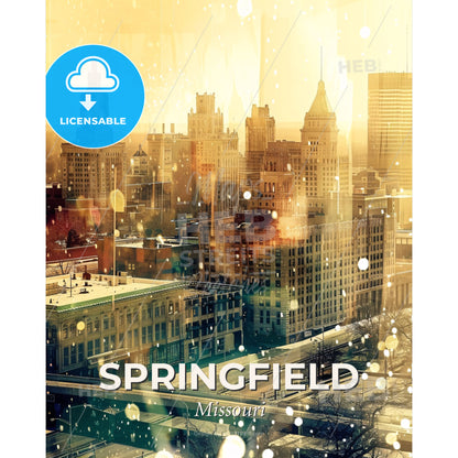 Springfield Cityscape Artistic Skyline Panorama - A city with snow falling - Square format print template