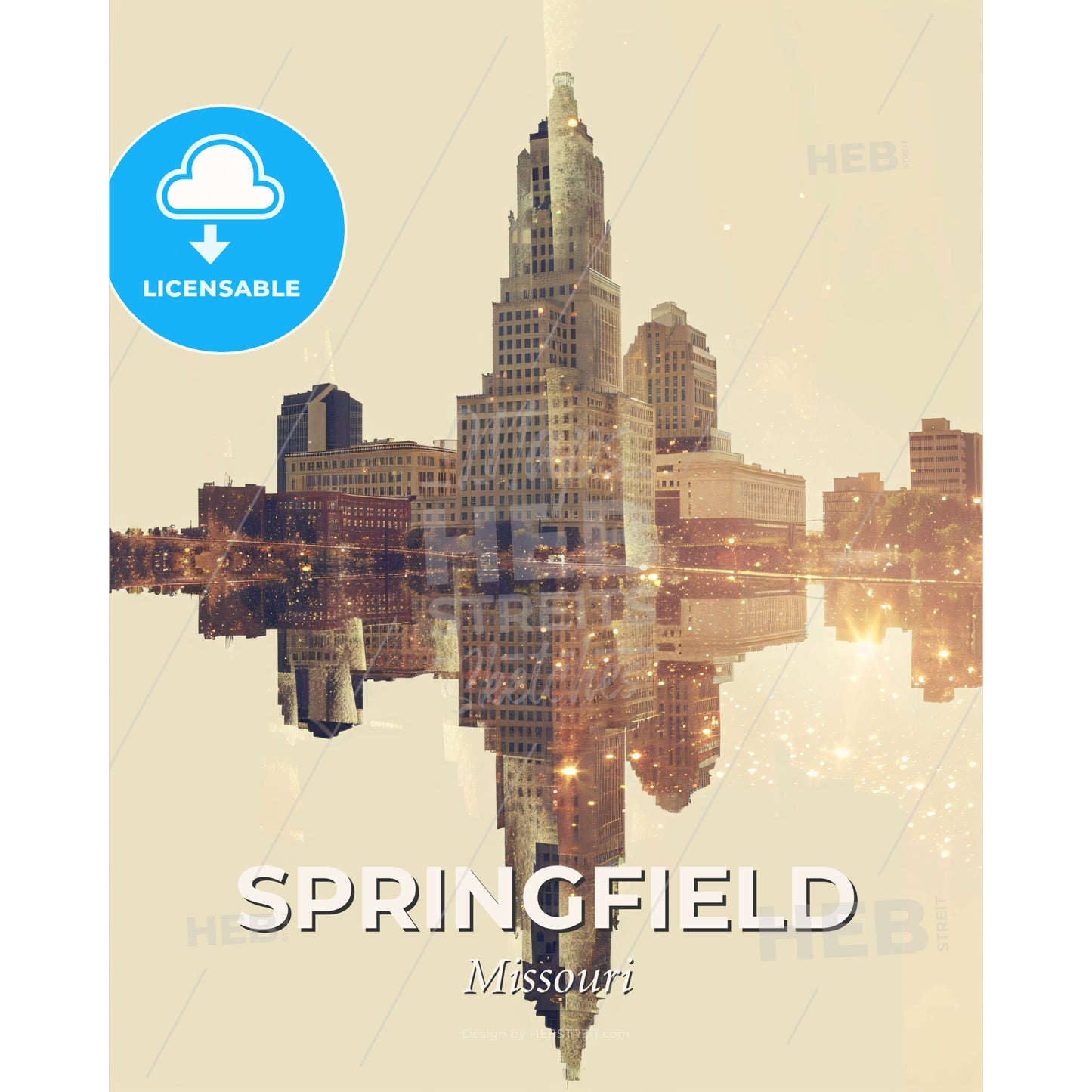 Springfield City Skyline in Double Exposure - A city with a reflection of a city - Square format print template