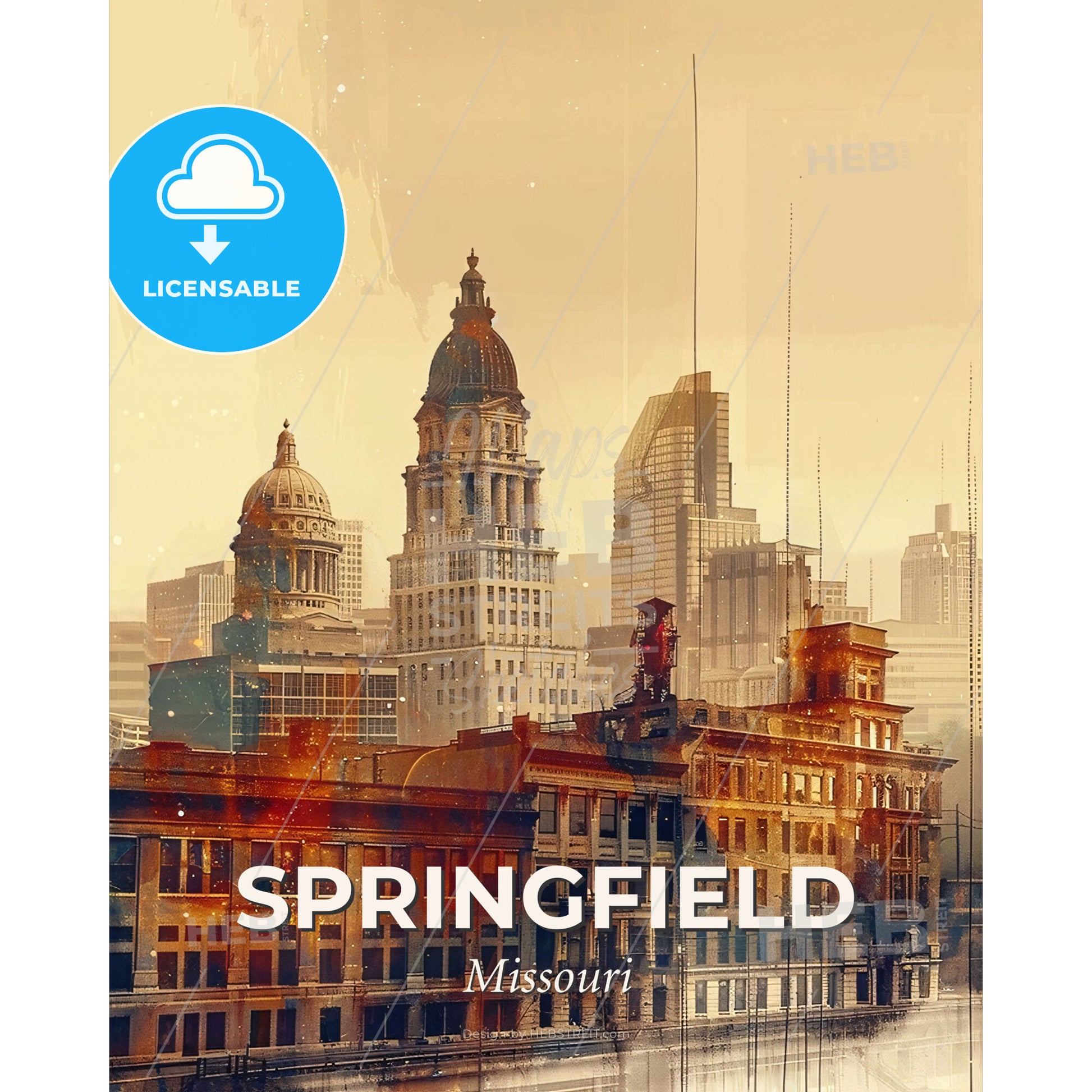 Springfield Skyline Cityscape Art Poster - A city skyline with many buildings - Square format print template
