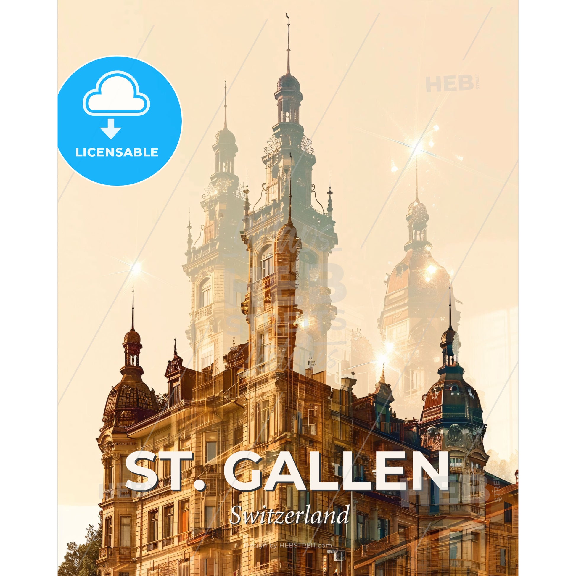 St. Gallen Cityscape Skyline Poster Art - A double exposure of a building - Square format print template