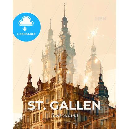 St. Gallen Cityscape Skyline Poster Art - A double exposure of a building - Square format print template