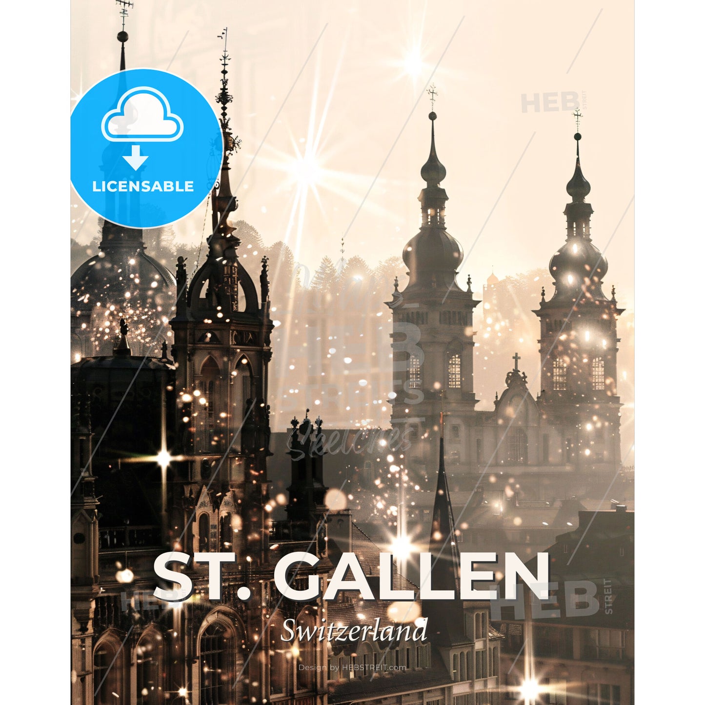 St. Gallen - Skyline Cityscape Art Print Poster - A building with many spires and a light burst - Square format print template
