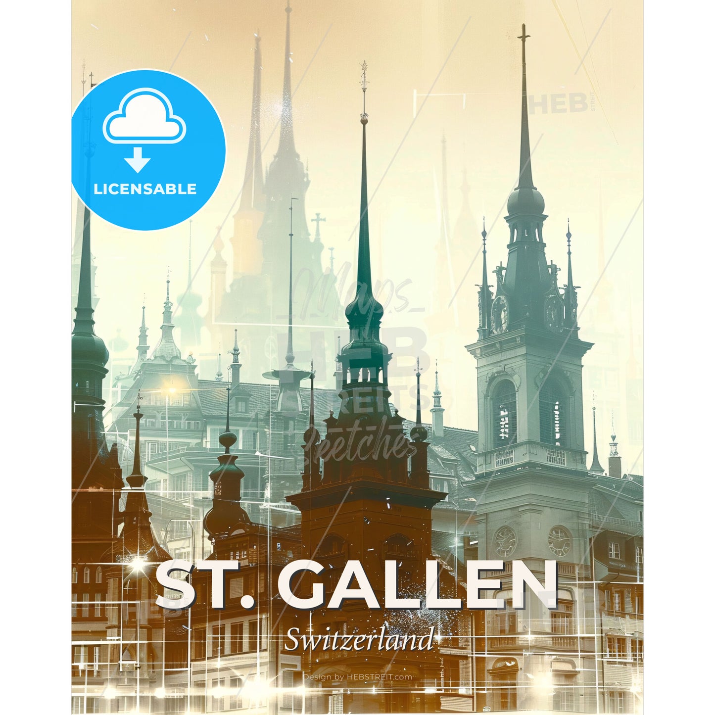St. Gallen Skyline Composite Art: Local Icons in Beige - A group of buildings with spires - Square format print template