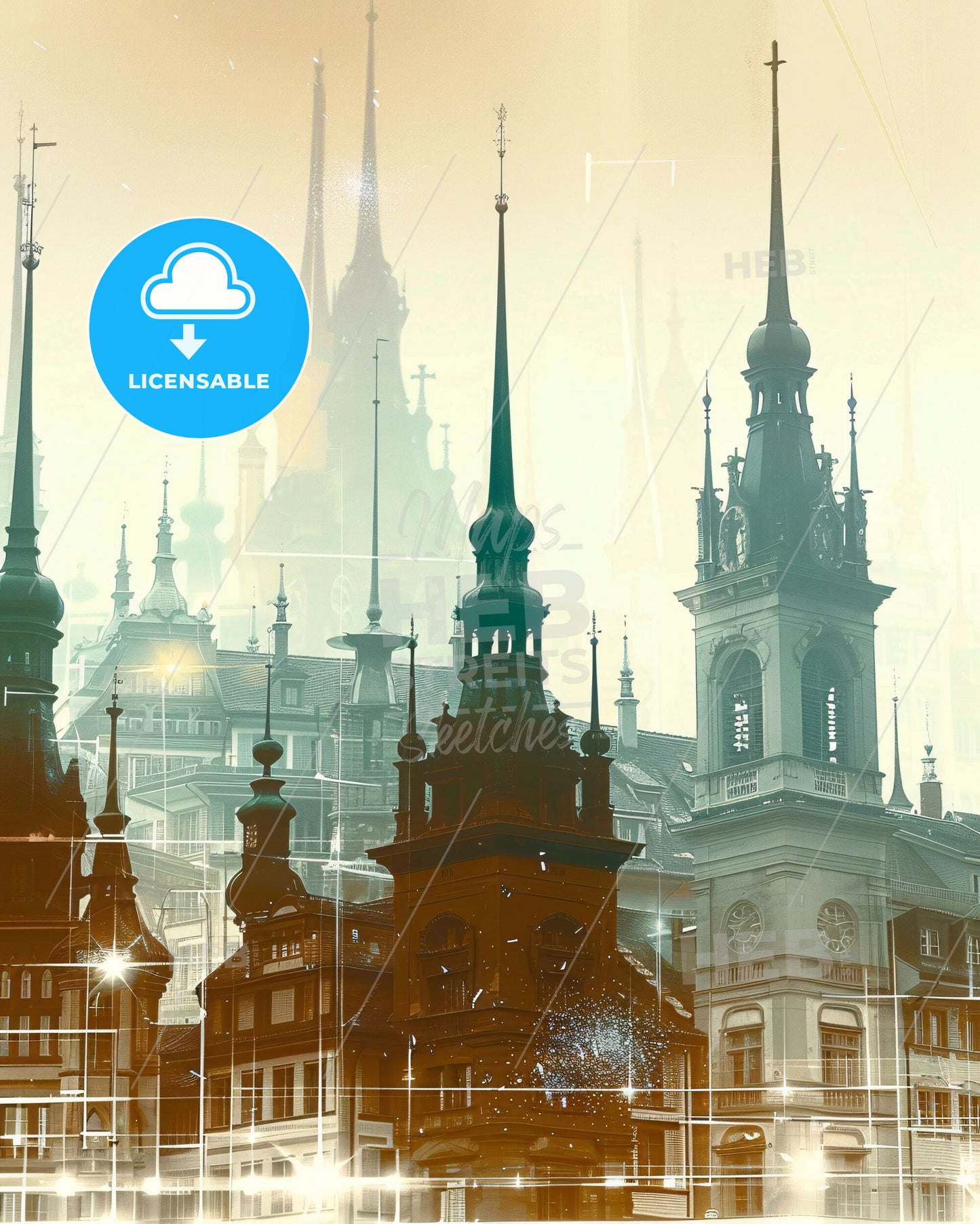 St. Gallen Skyline Composite Art: Local Icons in Beige - A group of buildings with spires