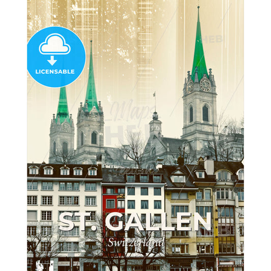 St. Gallen City Skyline Double Exposure Poster - A group of buildings with towers - Square format print template