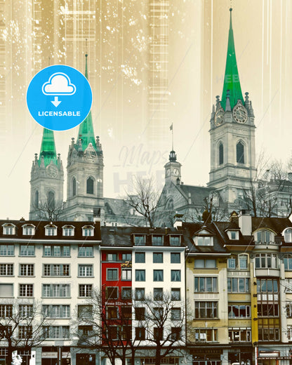 St. Gallen City Skyline Double Exposure Poster - A group of buildings with towers