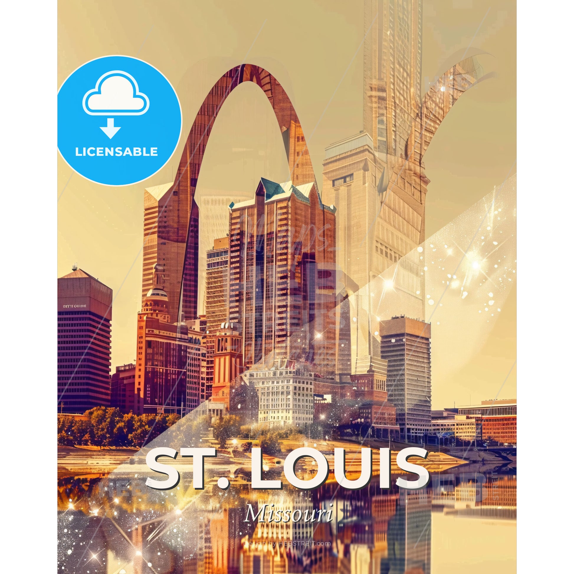 St. Louis: City Skyline Double Exposure Art - A city with a bridge over water - Square format print template