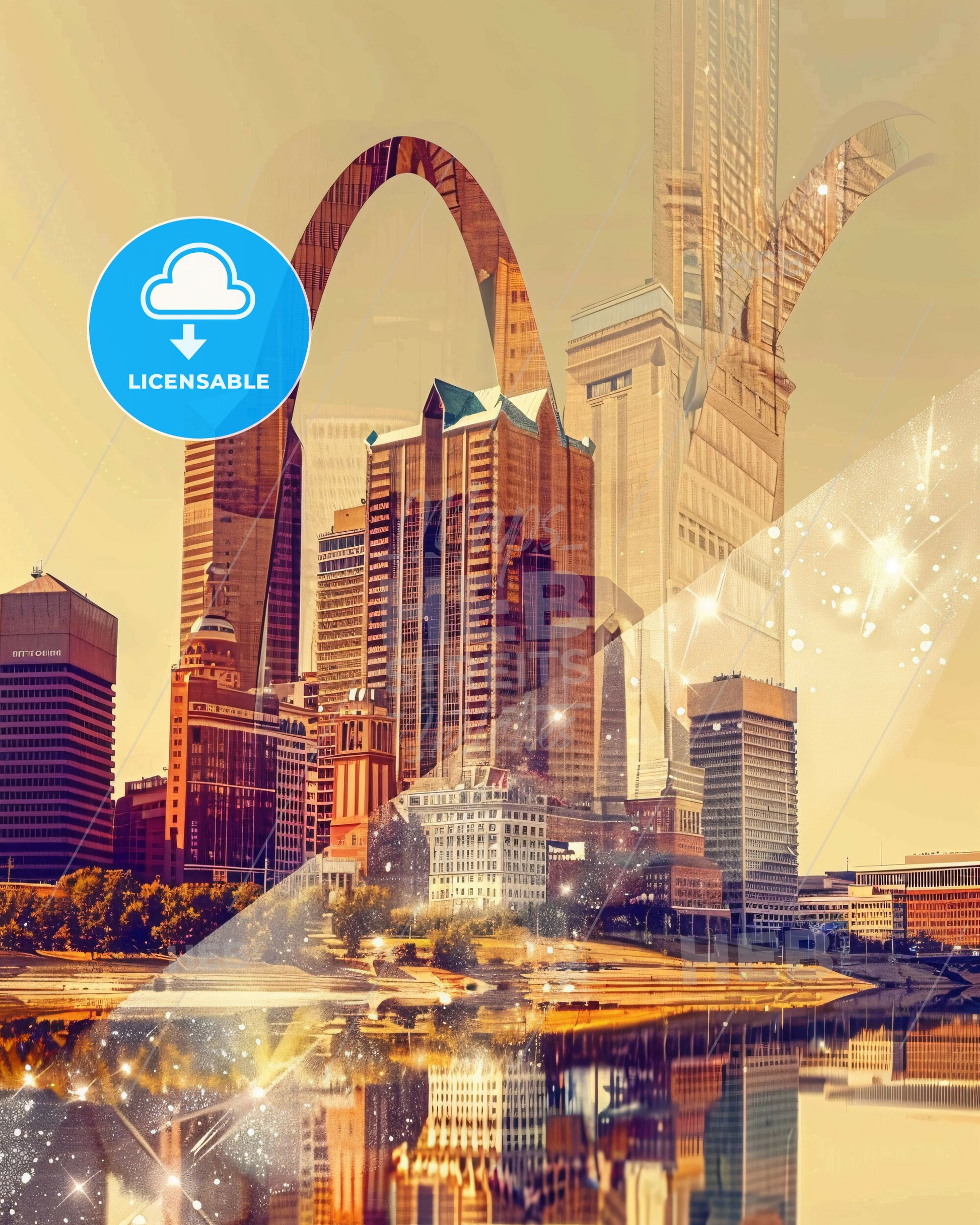 St. Louis: City Skyline Double Exposure Art - A city with a bridge over water