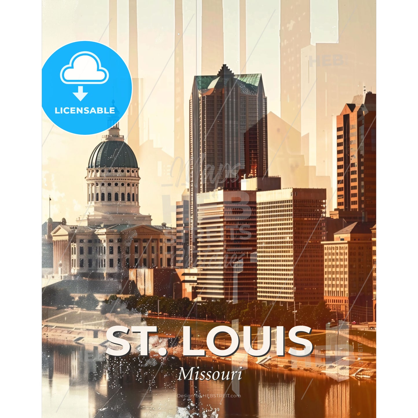 St. Louis City Skyline Double Exposure Art - A city skyline with a large building and a river - Square format print template
