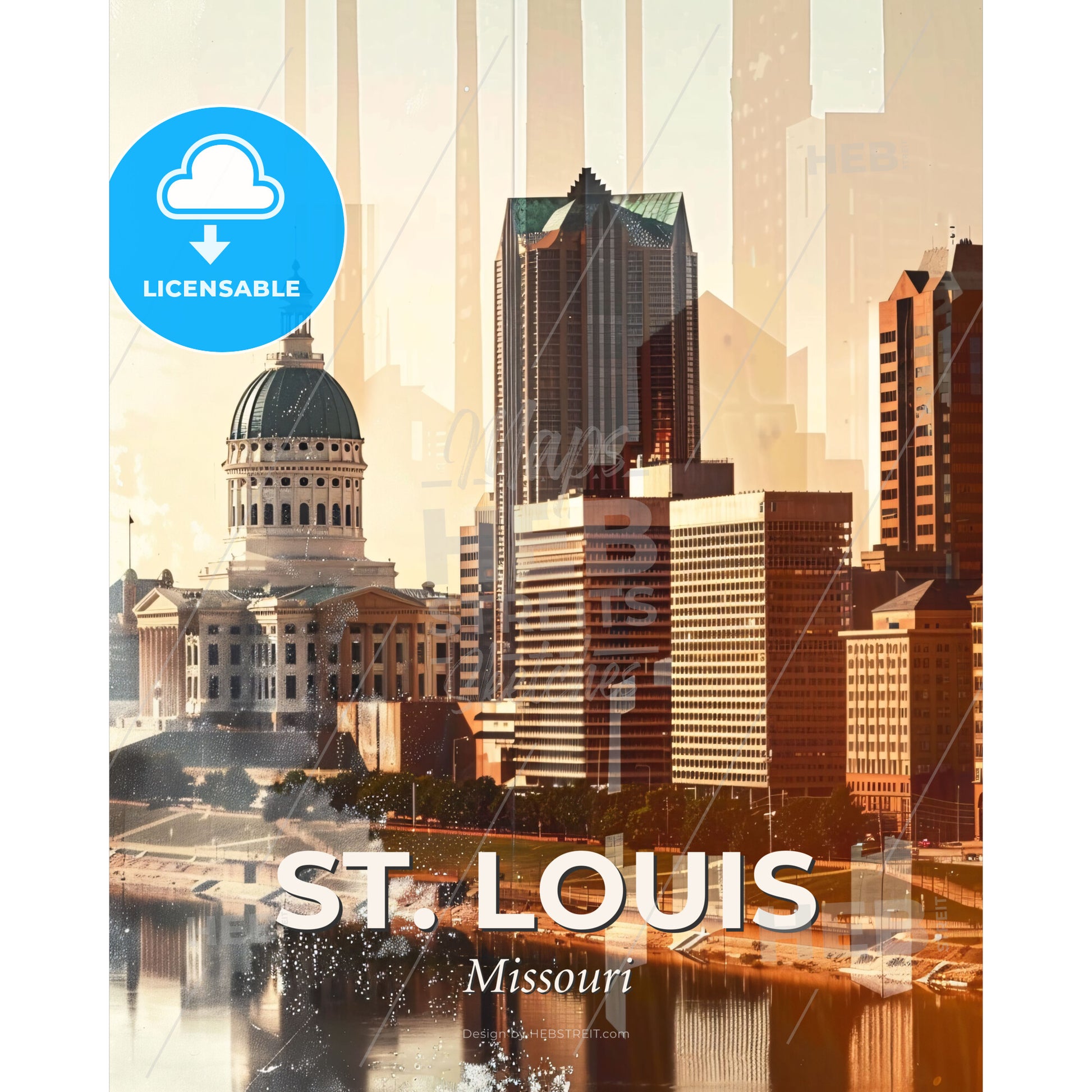 St. Louis City Skyline Double Exposure Art - A city skyline with a large building and a river - Square format print template