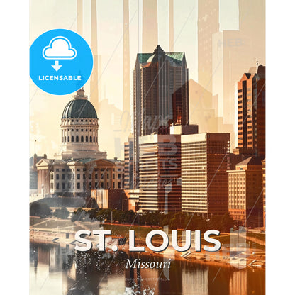St. Louis City Skyline Double Exposure Art - A city skyline with a large building and a river - Square format print template