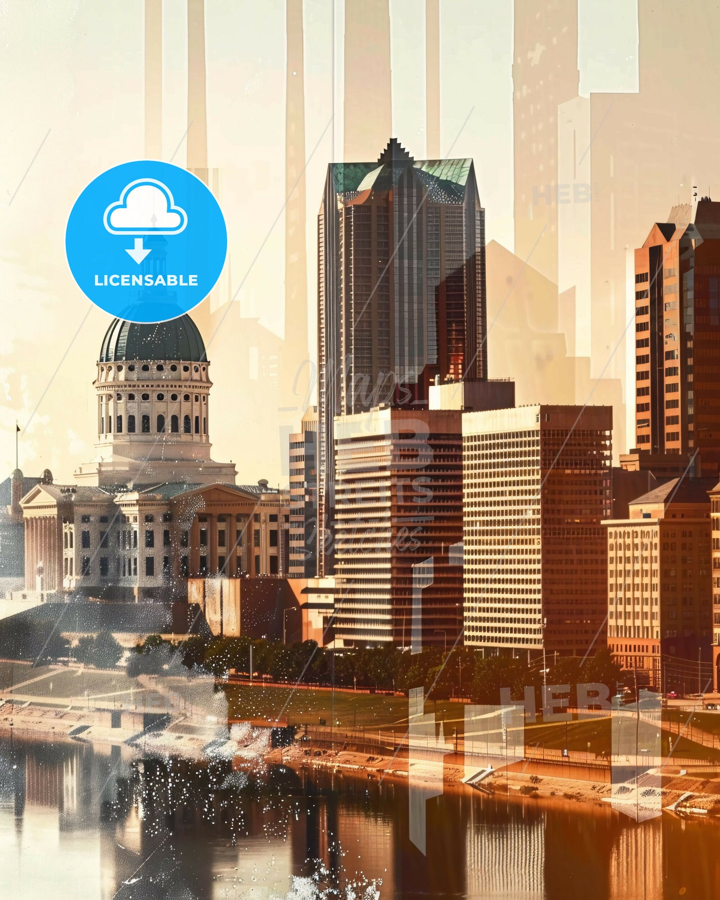 St. Louis City Skyline Double Exposure Art - A city skyline with a large building and a river