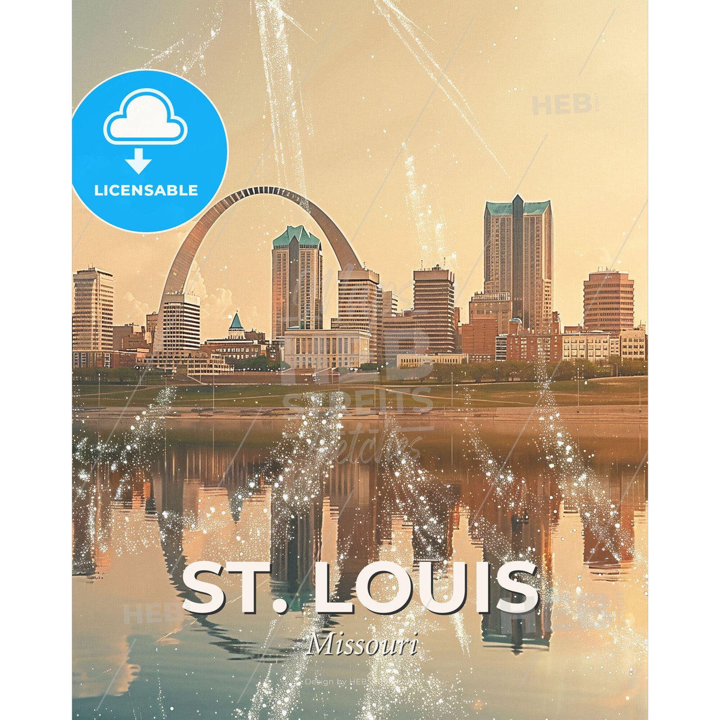 St. Louis Skyline Tapestry with Local Architecture - A city skyline with a large arch over water - Square format print template