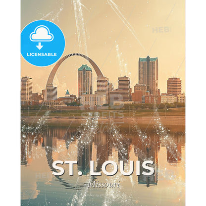 St. Louis Skyline Tapestry with Local Architecture - A city skyline with a large arch over water - Square format print template