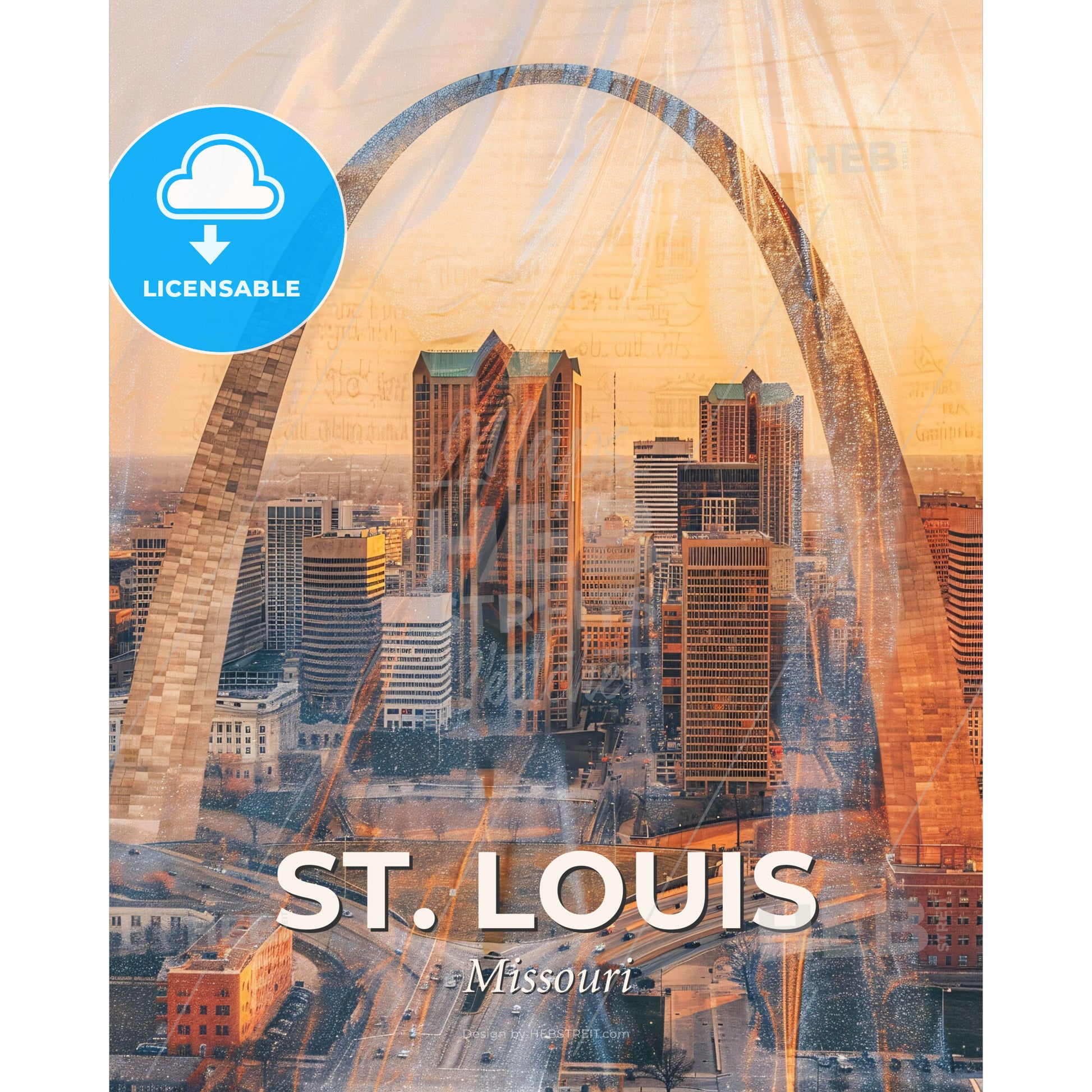St. Louis Cityscape Skyline Composite Art Poster - A city skyline with a large arch - Square format print template