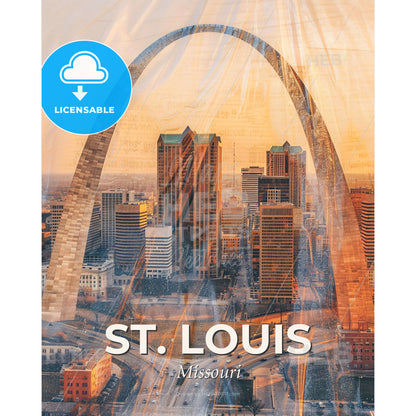 St. Louis Cityscape Skyline Composite Art Poster - A city skyline with a large arch - Square format print template