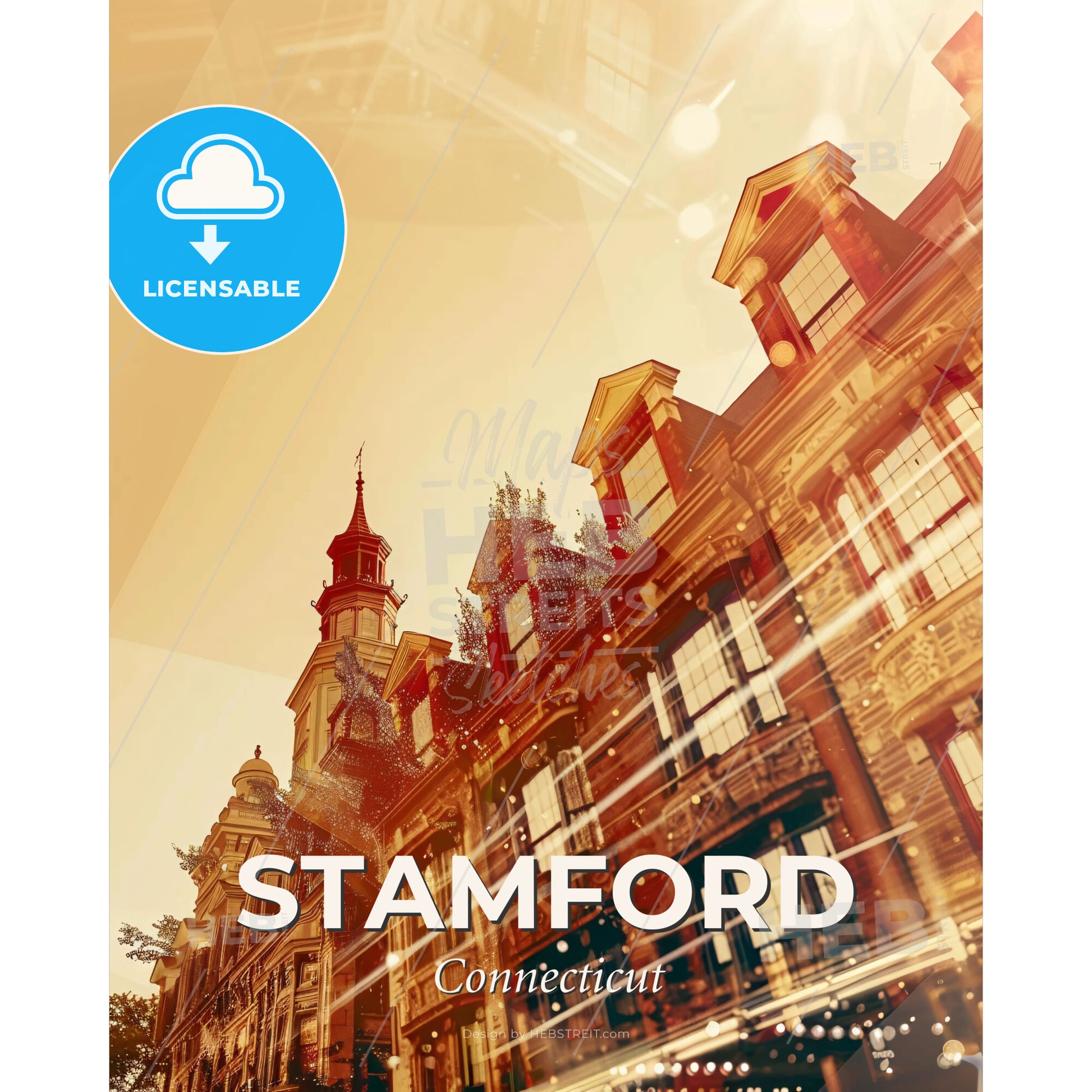 Stamford City Skyline Composite Silhouette Glow - A building with a tower - Square format print template