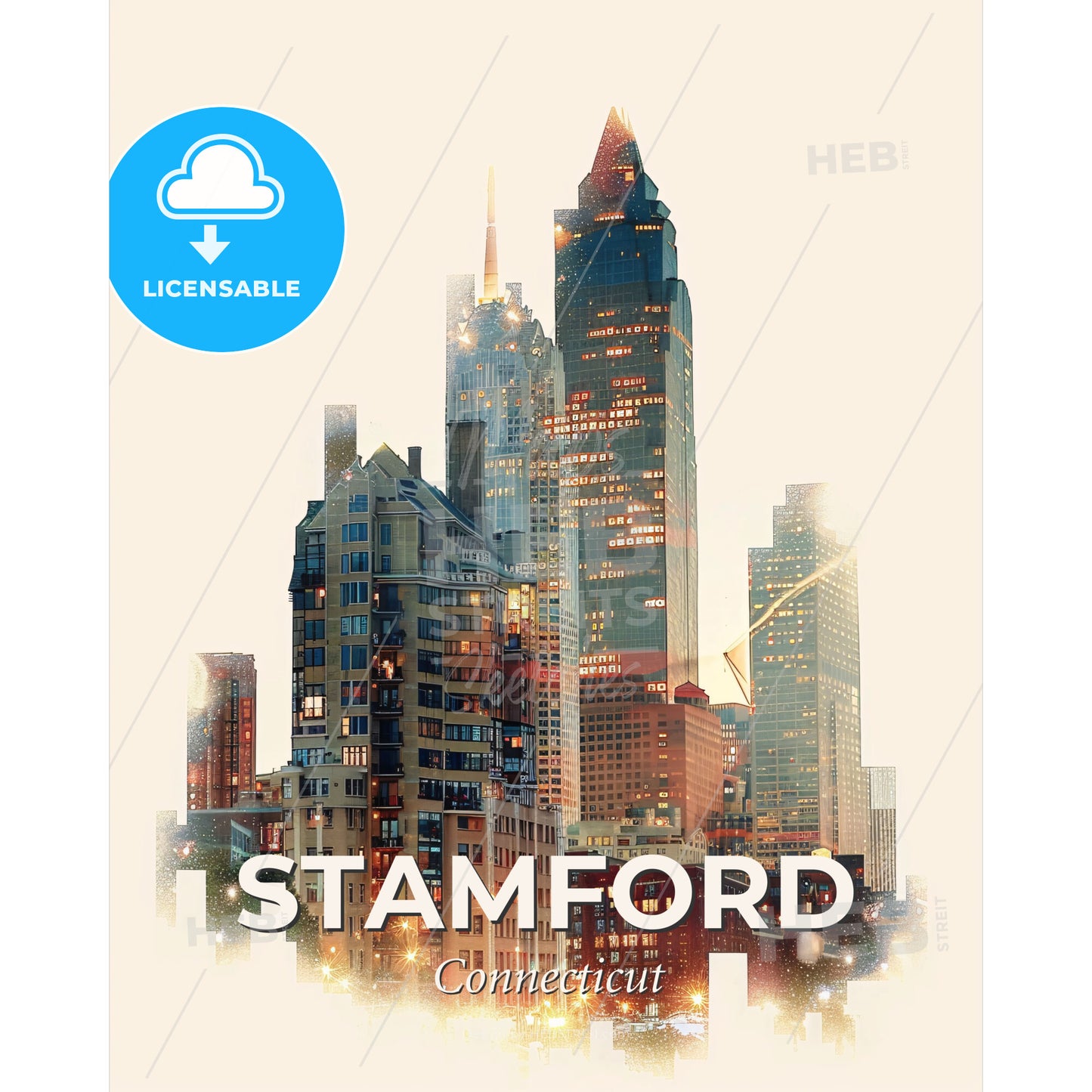Stamford Skyline Cityscape Architecture Composite Art Poster - A city skyline with many tall buildings - Square format print template