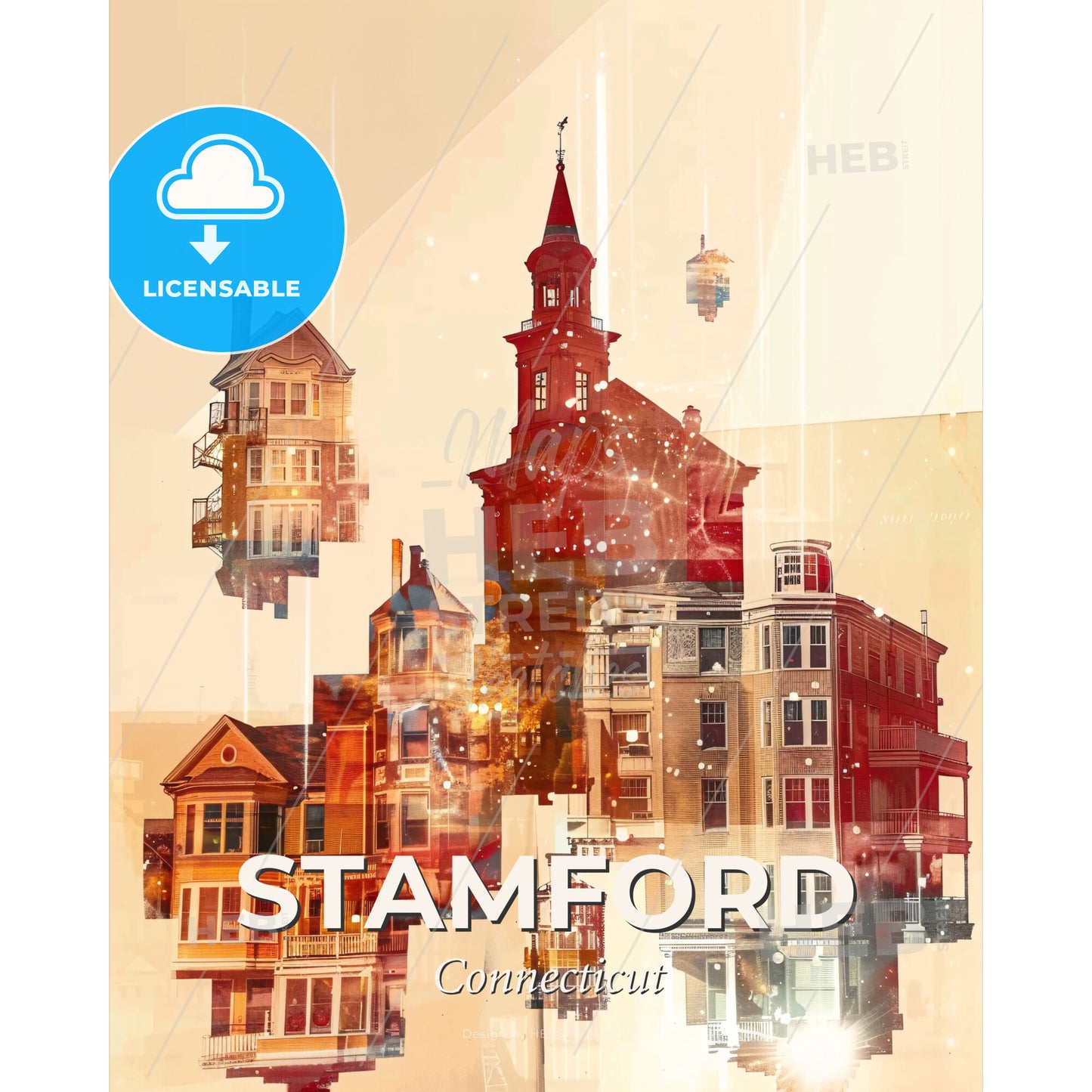 Stamford City Skyline Double Exposure Composite Poster - A group of buildings with a tower - Square format print template