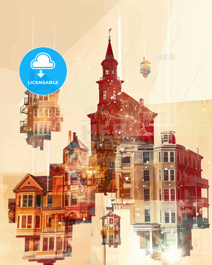 Stamford City Skyline Double Exposure Composite Poster - A group of buildings with a tower