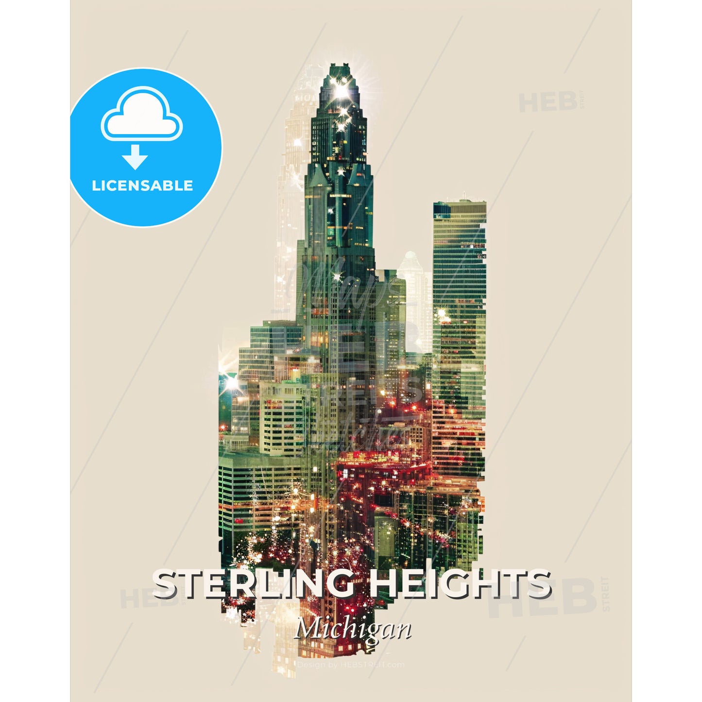 Sterling Heights: City Skyline Composite Art - A city skyline with lights - Square format print template