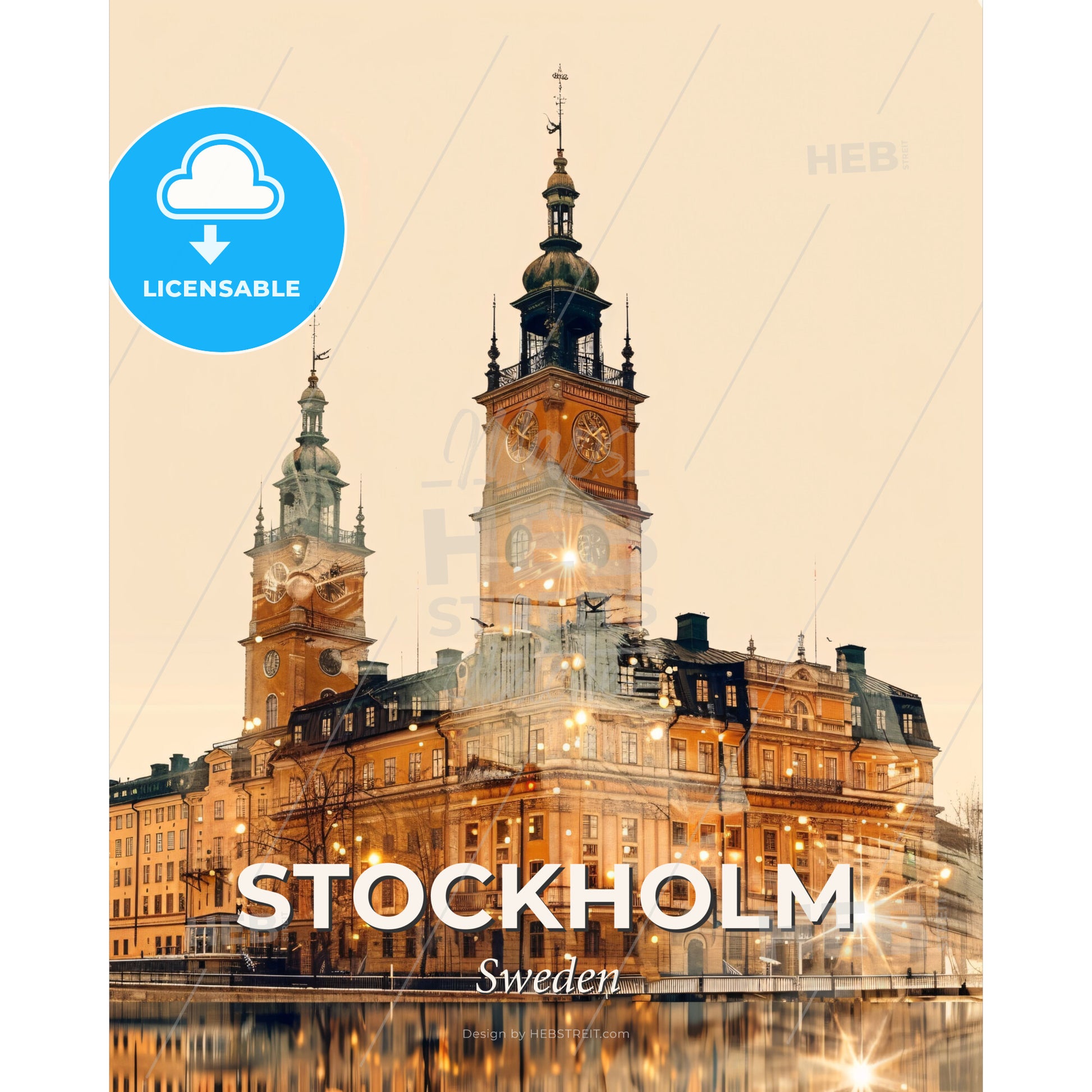 Stockholm City Skyline Composite Art Poster - A large building with a clock tower - Square format print template