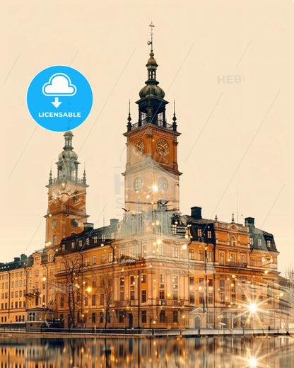 Stockholm City Skyline Composite Art Poster - A large building with a clock tower