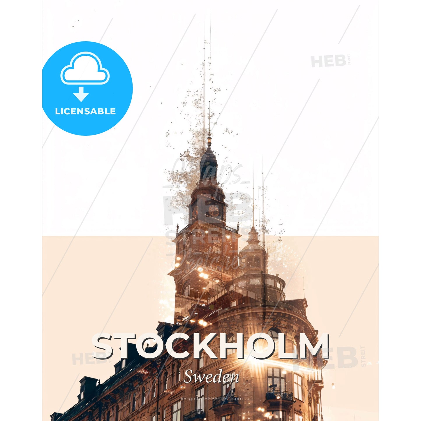 Stockholm: Double Exposure City Skyline Poster - A building with a clock tower - Square format print template