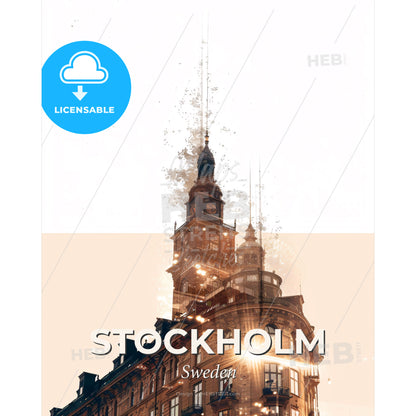 Stockholm: Double Exposure City Skyline Poster - A building with a clock tower - Square format print template