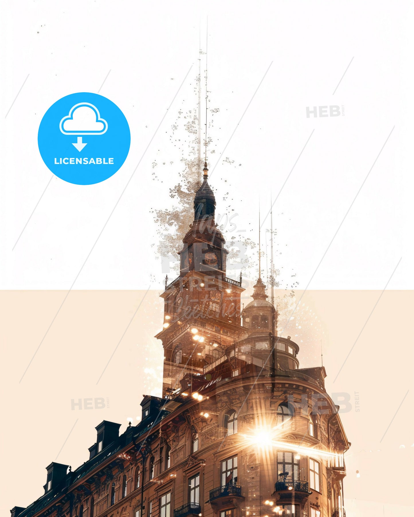 Stockholm: Double Exposure City Skyline Poster - A building with a clock tower
