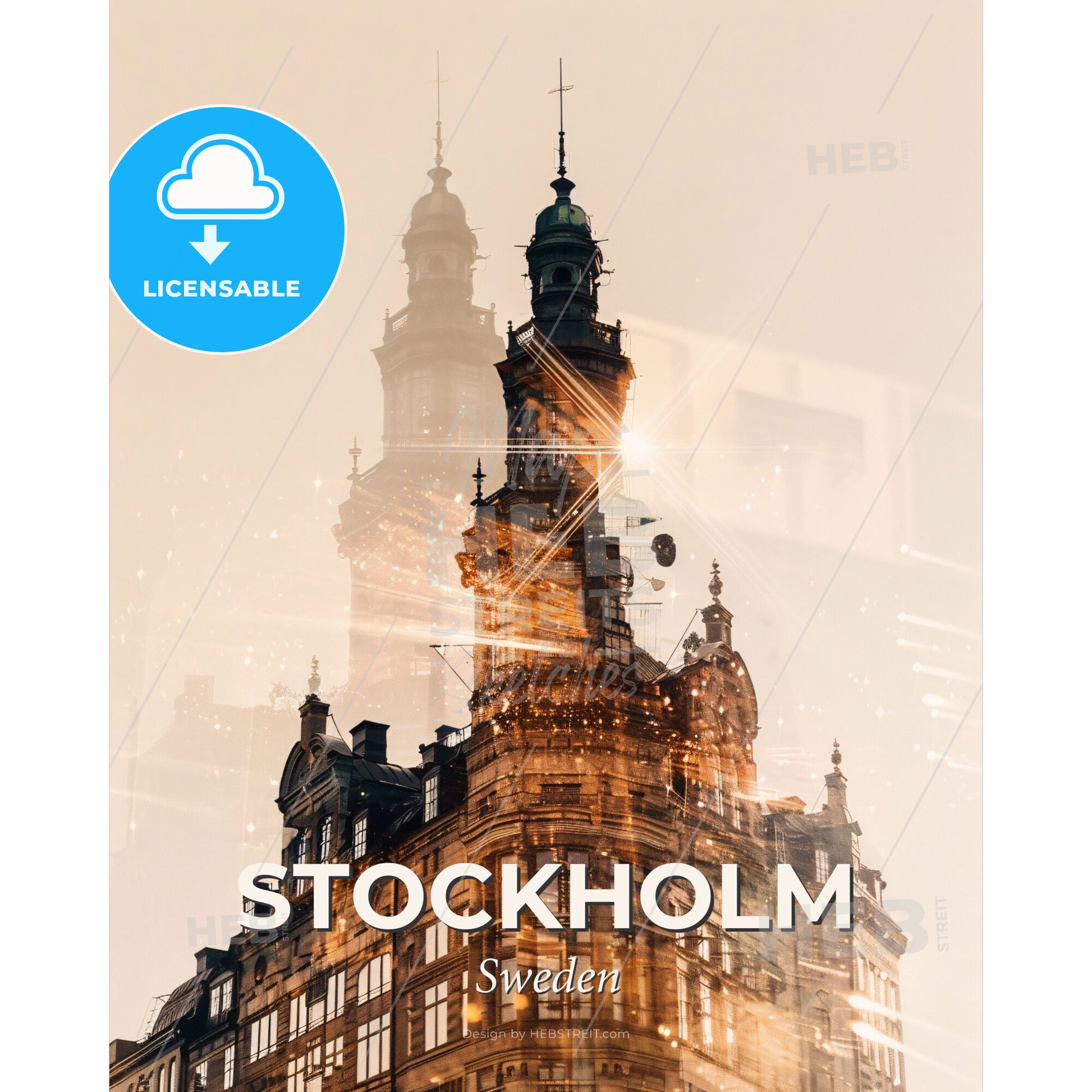 Stockholm City Lights Double Exposure Artwork - A building with a tower - Square format print template