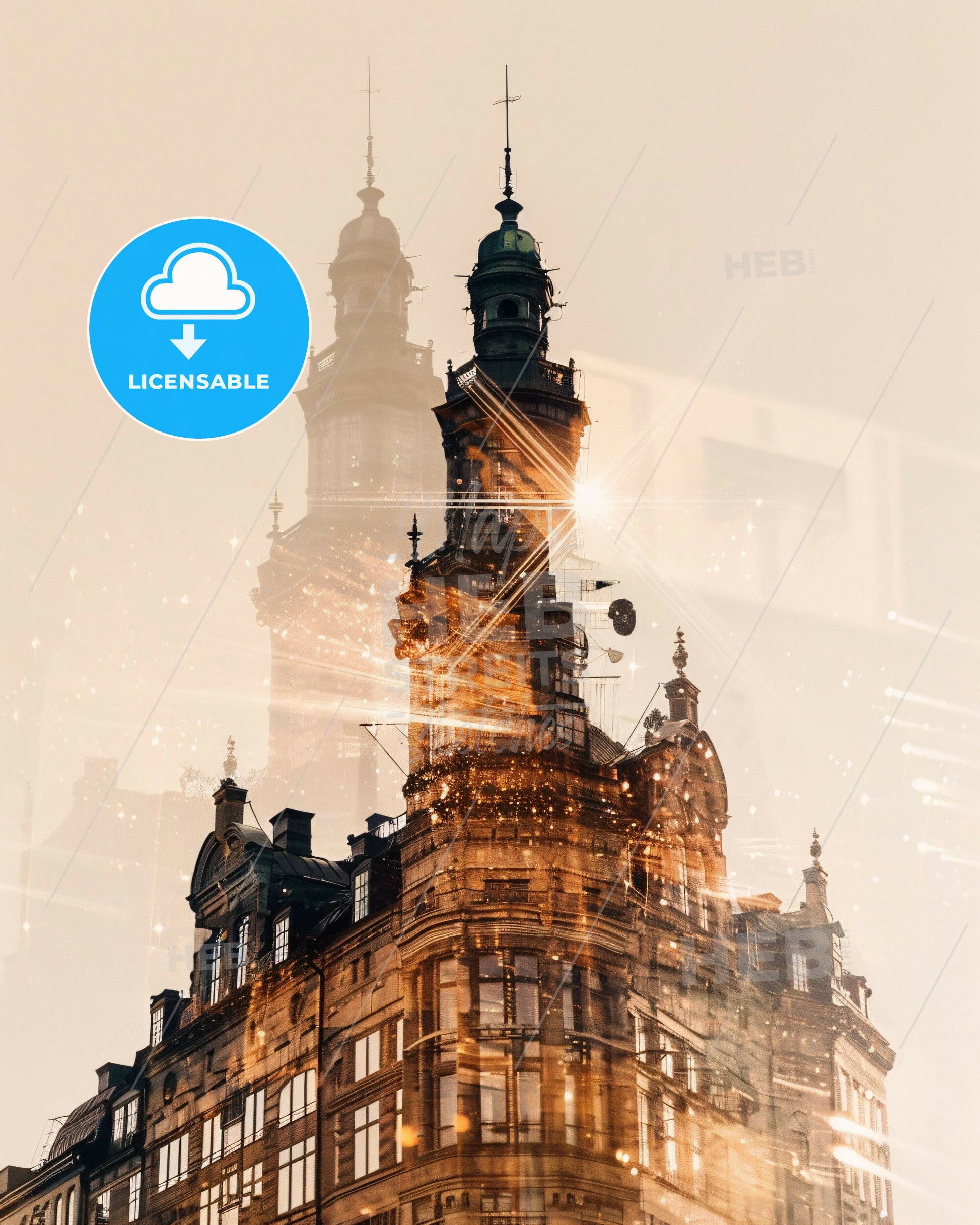 Stockholm City Lights Double Exposure Artwork - A building with a tower