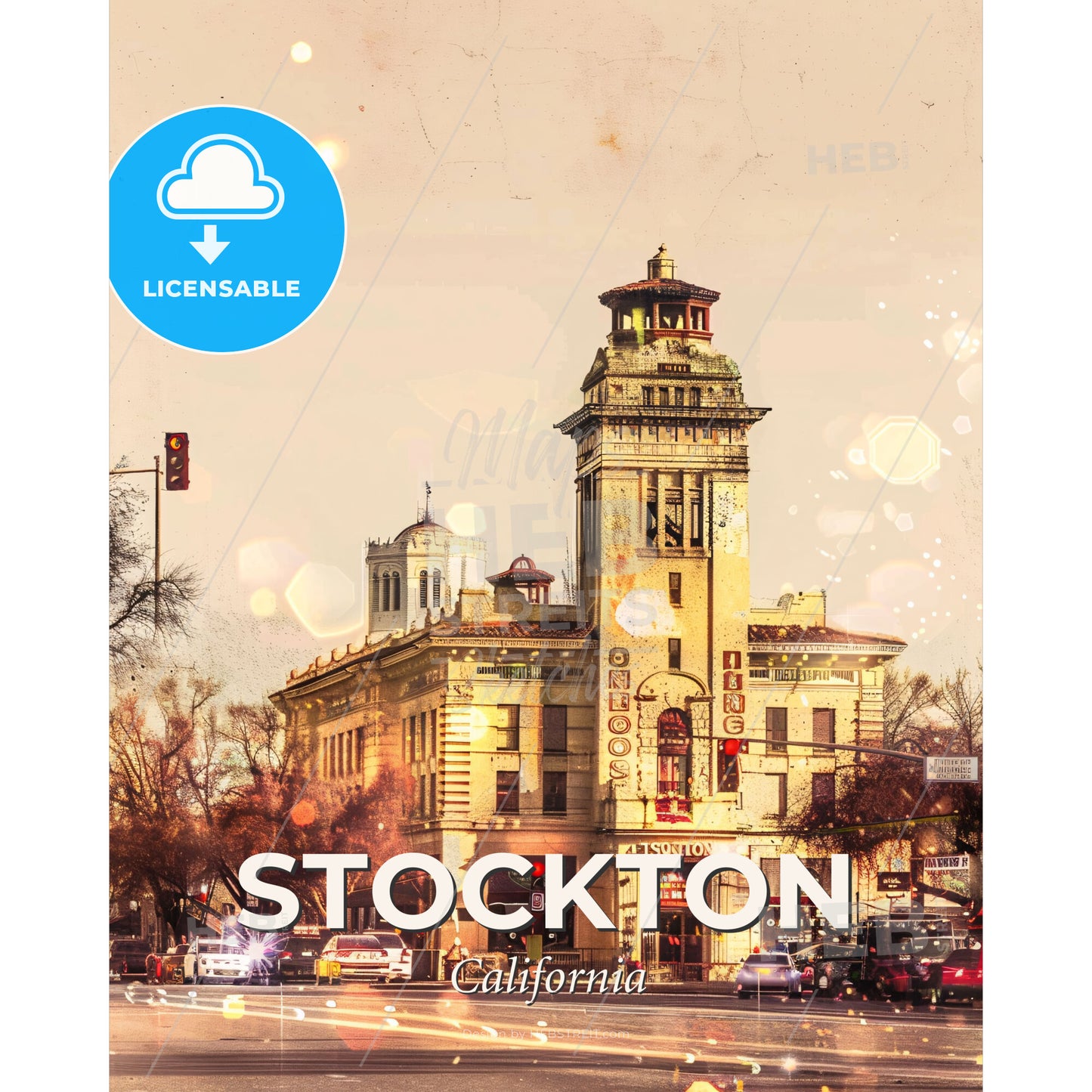 Stockton Skyline Canvas Print with City Icons - A building with a tower and a traffic light - Square format print template