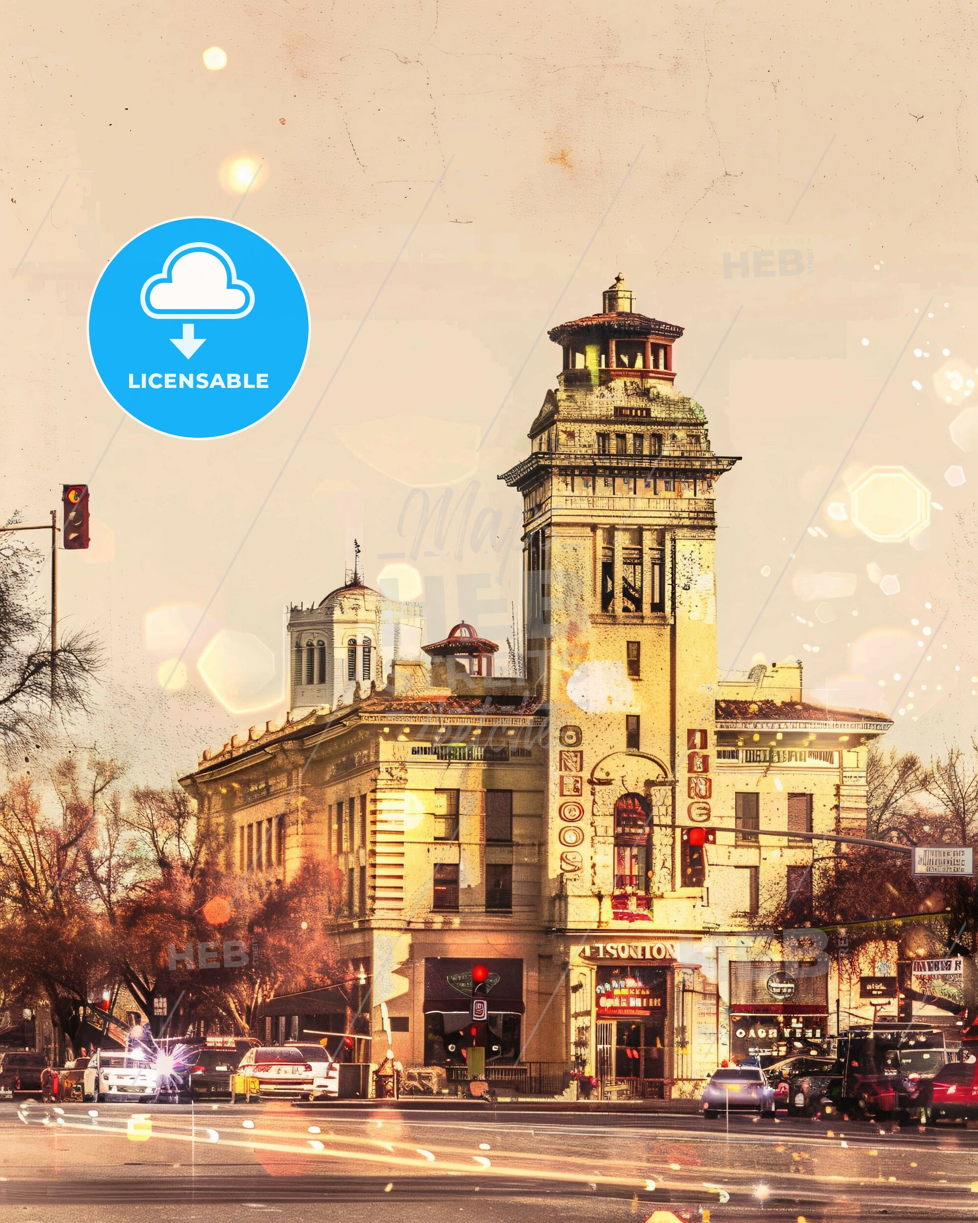 Stockton Skyline Canvas Print with City Icons - A building with a tower and a traffic light